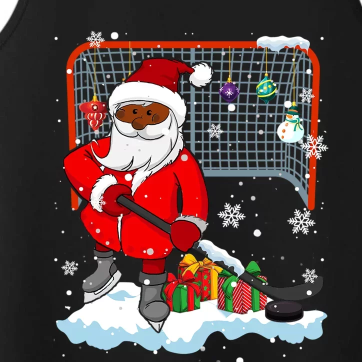 Afro Santa Playing Hockey Xmas Black Afro Hockey Player Gift Performance Tank