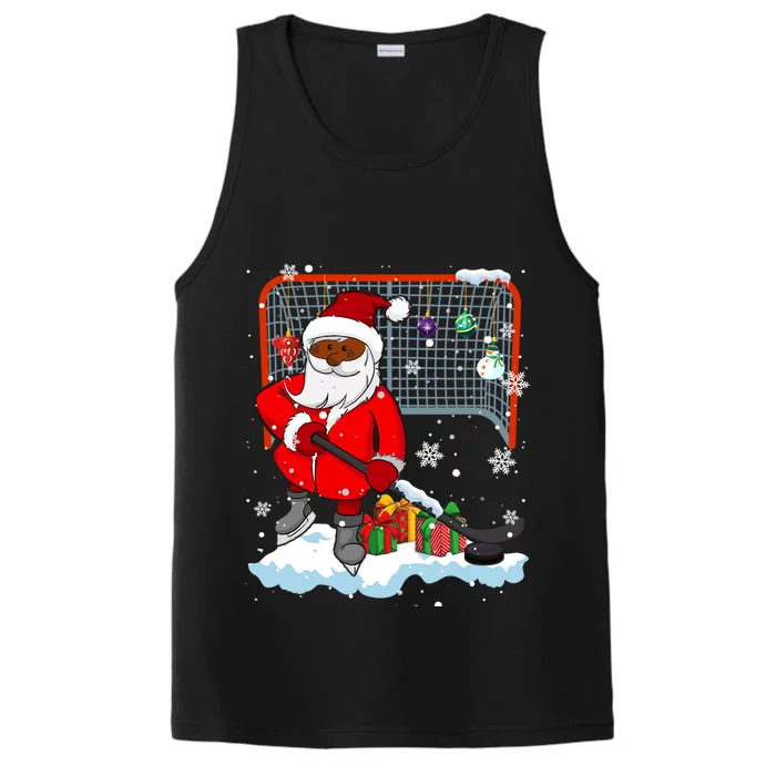 Afro Santa Playing Hockey Xmas Black Afro Hockey Player Gift Performance Tank