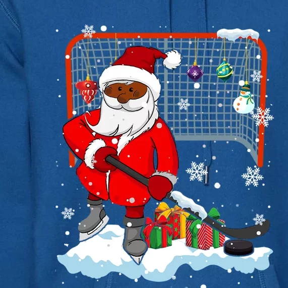 Afro Santa Playing Hockey Xmas Black Afro Hockey Player Gift Premium Hoodie