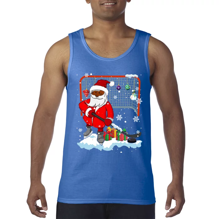 Afro Santa Playing Hockey Xmas Black Afro Hockey Player Gift Tank Top