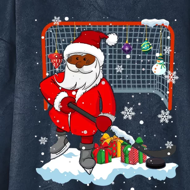 Afro Santa Playing Hockey Xmas Black Afro Hockey Player Gift Hooded Wearable Blanket