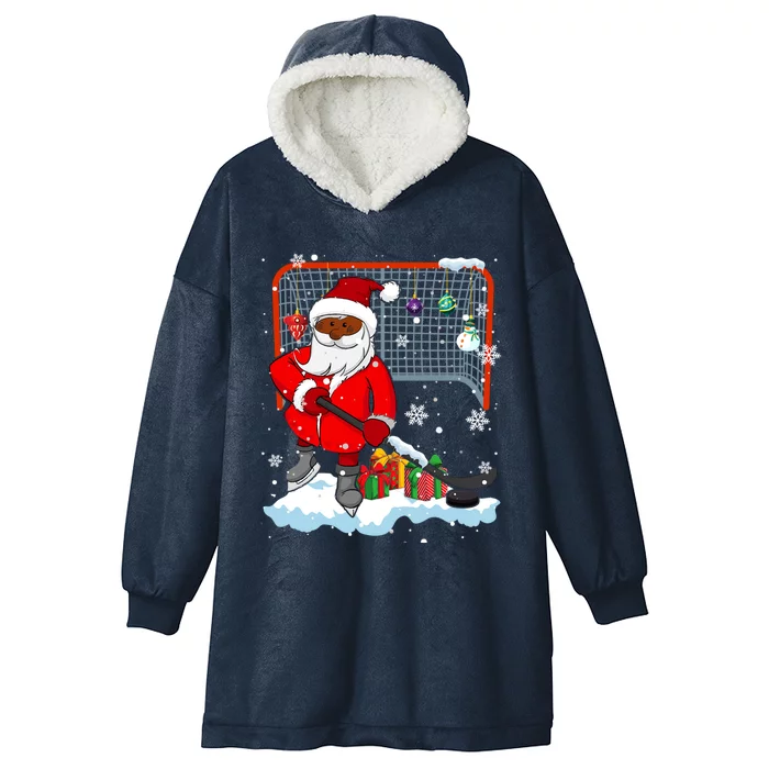 Afro Santa Playing Hockey Xmas Black Afro Hockey Player Gift Hooded Wearable Blanket