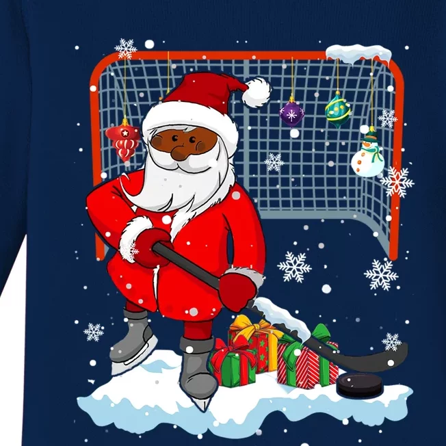 Afro Santa Playing Hockey Xmas Black Afro Hockey Player Gift Baby Long Sleeve Bodysuit