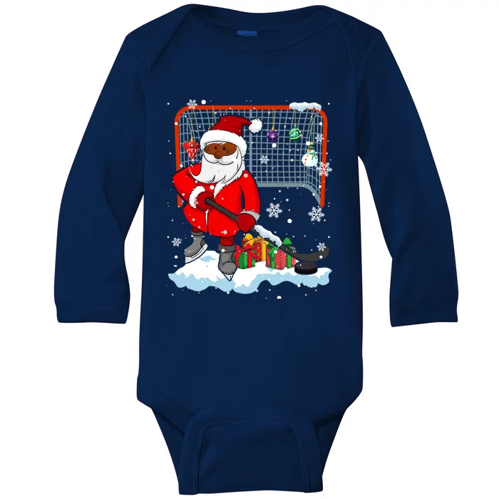 Afro Santa Playing Hockey Xmas Black Afro Hockey Player Gift Baby Long Sleeve Bodysuit