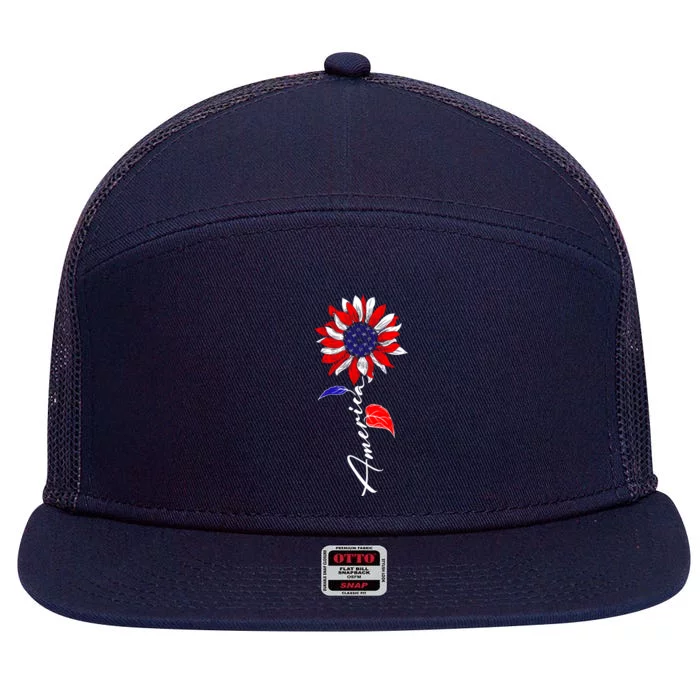 America Sunflower Patriotic Graphic 4th Of July Gift 7 Panel Mesh Trucker Snapback Hat