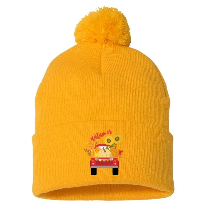 Autumn Sunflower Pumpkin Vintage Truck Pom Pom 12in Knit Beanie