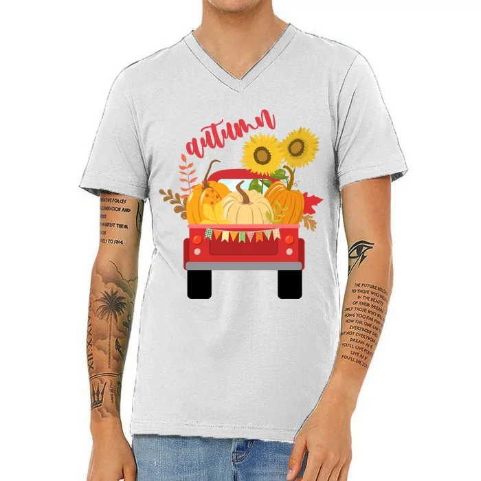 Autumn Sunflower Pumpkin Vintage Truck V-Neck T-Shirt