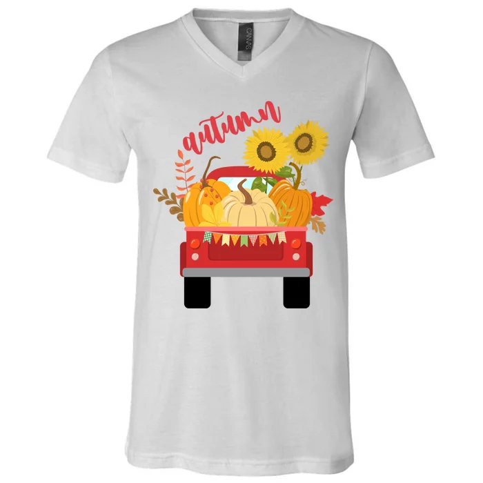 Autumn Sunflower Pumpkin Vintage Truck V-Neck T-Shirt