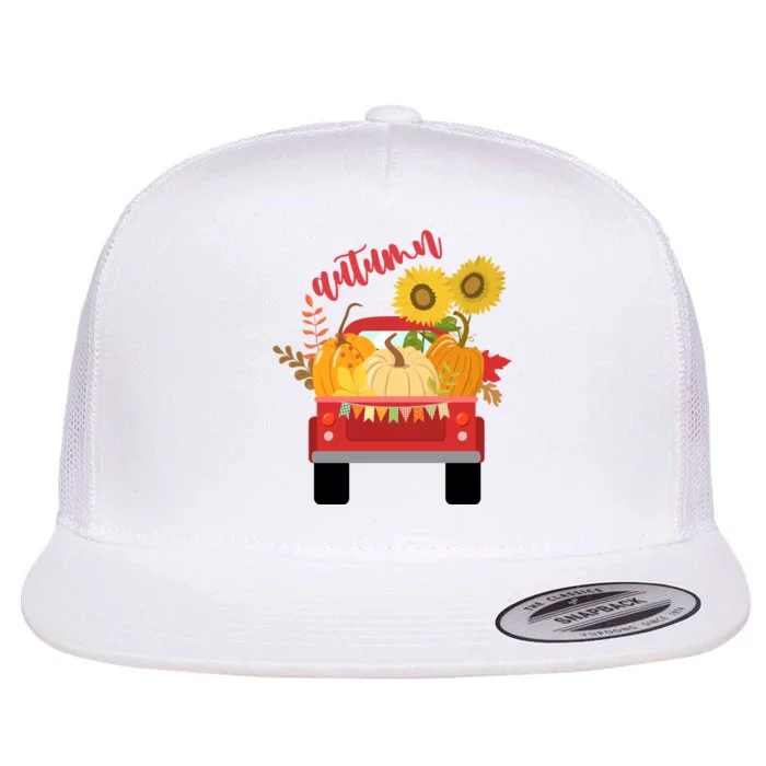 Autumn Sunflower Pumpkin Vintage Truck Flat Bill Trucker Hat