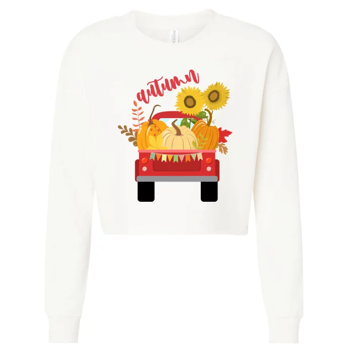 Autumn Sunflower Pumpkin Vintage Truck Cropped Pullover Crew