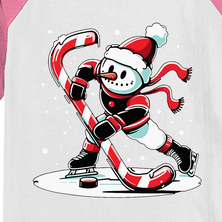 A snowman playing hockey with a candy cane hockey stick Kids Colorblock Raglan Jersey