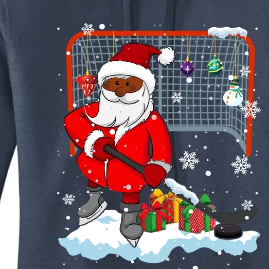 Afro Santa Playing Hockey Xmas Black Afro Hockey Player Gift Women's Pullover Hoodie