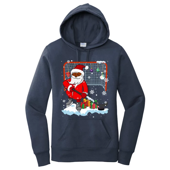 Afro Santa Playing Hockey Xmas Black Afro Hockey Player Gift Women's Pullover Hoodie