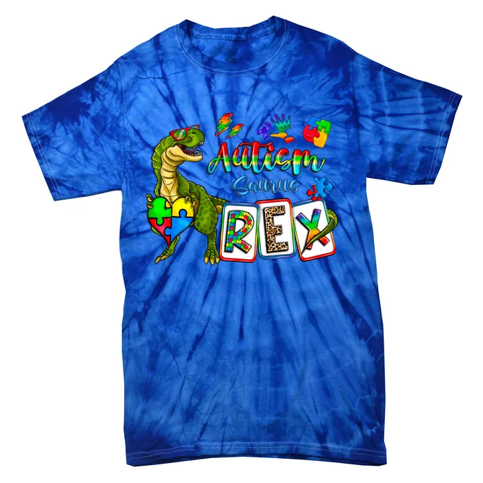 Autism Saurus Rex Dino T Rex Heart Autism Awareness Month Gift Tie-Dye T-Shirt