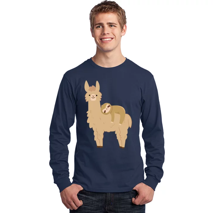 Adorable Sloth Relaxing On A Llama Funny Llama Sloth Long Sleeve Shirt