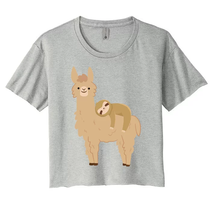 Adorable Sloth Relaxing On A Llama Funny Llama Sloth Women's Crop Top Tee