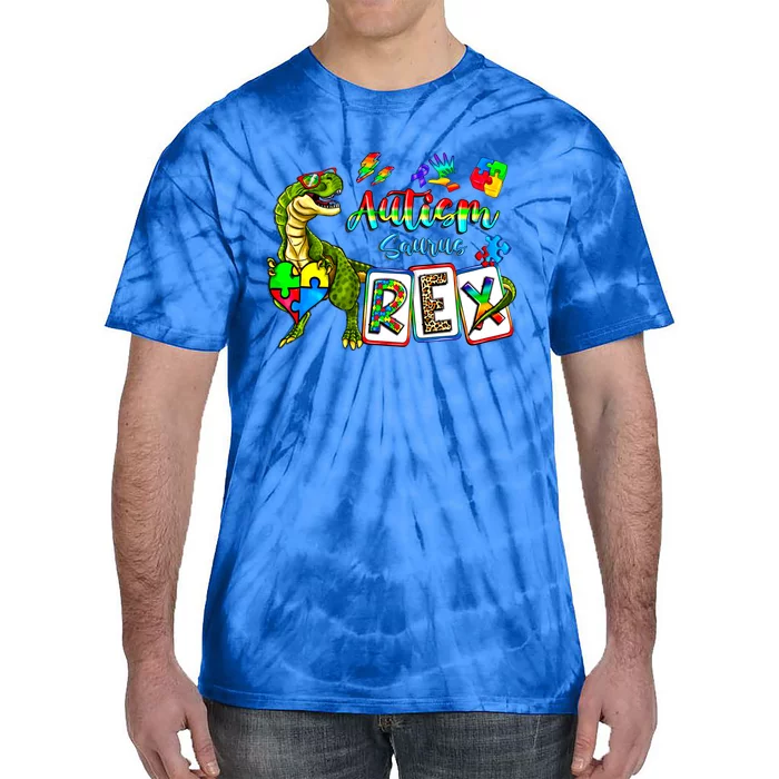 Autism Saurus Rex Dino T Rex Heart Autism Awareness Month Gift Tie-Dye T-Shirt