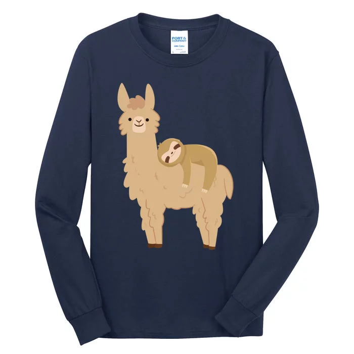 Adorable Sloth Relaxing On A Llama Funny Llama Sloth Tall Long Sleeve T-Shirt