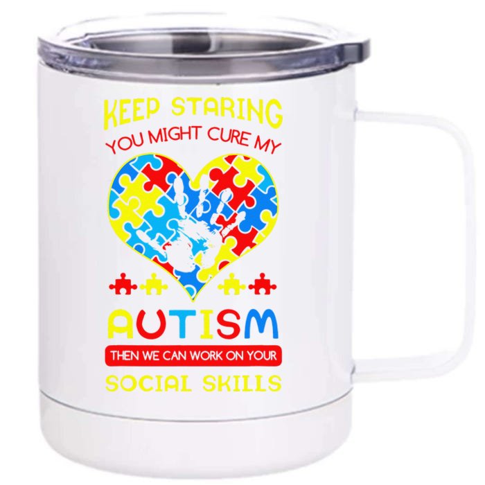 Autism Social Skills Autistic Puzzle Piece Stop Hand Gift Front & Back 12oz Stainless Steel Tumbler Cup