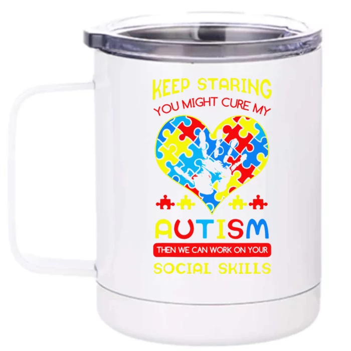 Autism Social Skills Autistic Puzzle Piece Stop Hand Gift Front & Back 12oz Stainless Steel Tumbler Cup