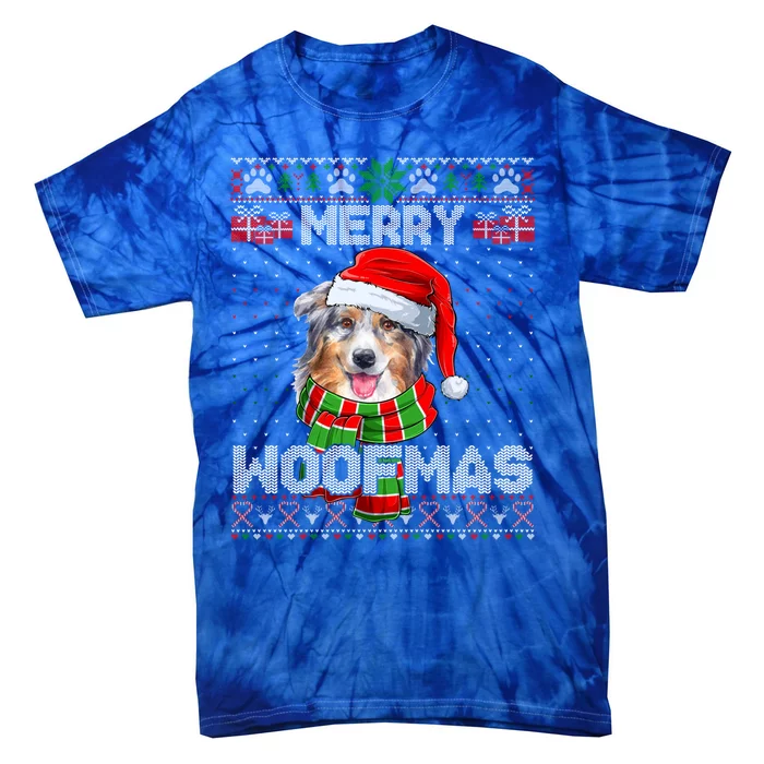 Australian Shepherd Santa Scarf Merry Woofmas Ugly Sweater Cool Gift Tie-Dye T-Shirt