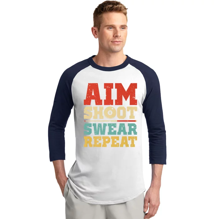 Aim Shoot Swear Repeat Funny Pool Billiards Player 8 Ball Gift Baseball Sleeve Shirt