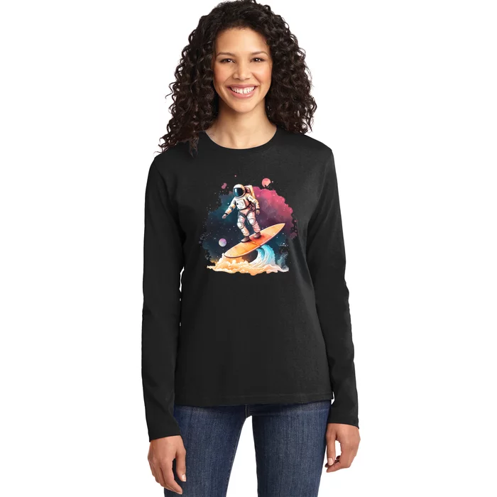 Astronaut Surfing Space Surfer Gift Ladies Long Sleeve Shirt