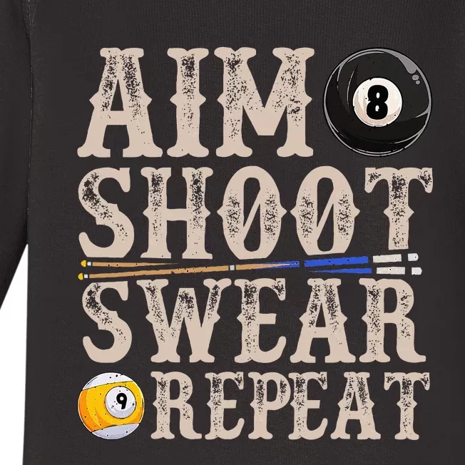 Aim Shoot Swear Repeat Funny Pool Billards Baby Long Sleeve Bodysuit