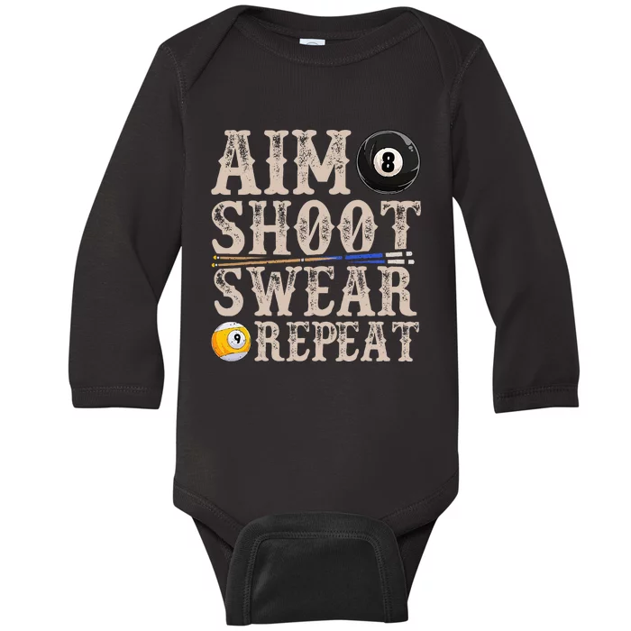 Aim Shoot Swear Repeat Funny Pool Billards Baby Long Sleeve Bodysuit