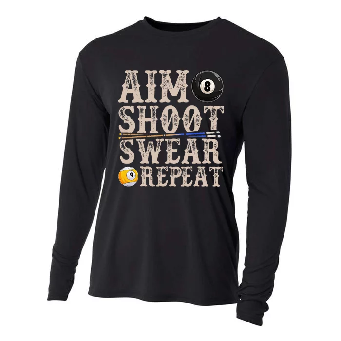 Aim Shoot Swear Repeat Funny Pool Billards Cooling Performance Long Sleeve Crew