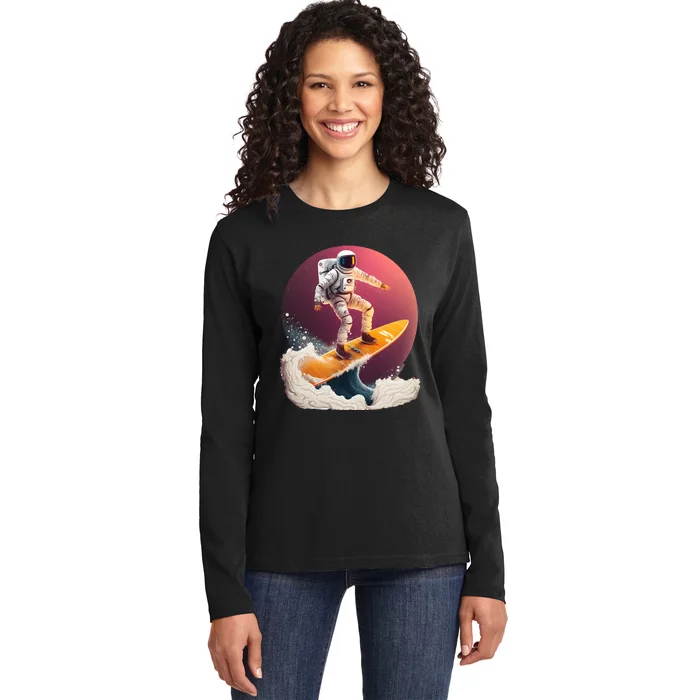 Astronaut Surfing Space Surfer Ladies Long Sleeve Shirt