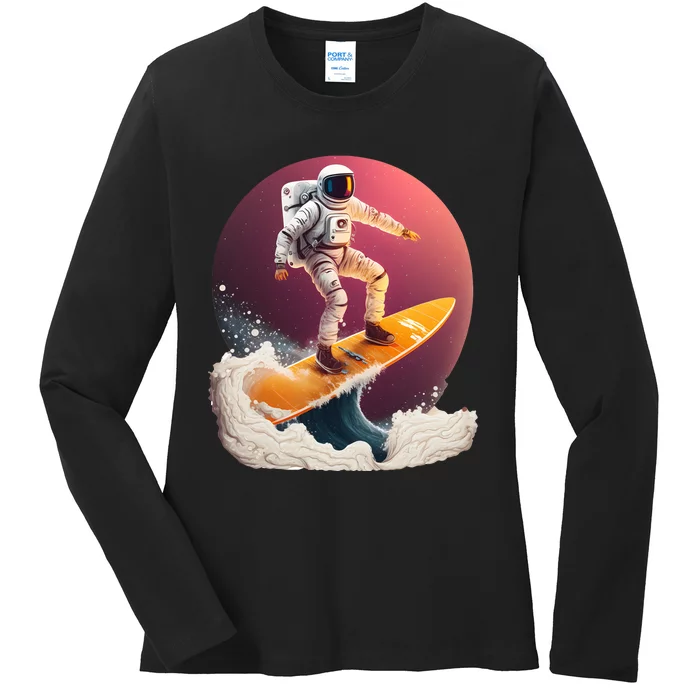 Astronaut Surfing Space Surfer Ladies Long Sleeve Shirt