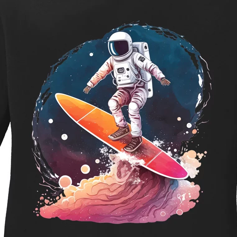 Astronaut Surfing Space Surfer Ladies Long Sleeve Shirt