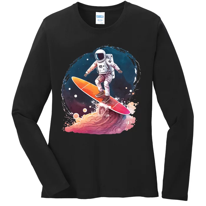 Astronaut Surfing Space Surfer Ladies Long Sleeve Shirt