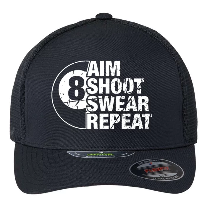 Aim Shoot Swear Repeat 8 Ball Pool Billiards Player Flexfit Unipanel Trucker Cap