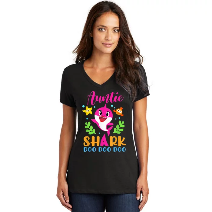 Auntie Shark Shirt Auntie Shark Lover Family Mother's Day Women's V-Neck T-Shirt