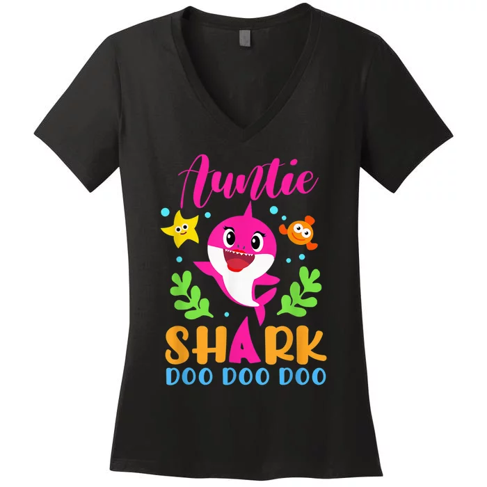 Auntie Shark Shirt Auntie Shark Lover Family Mother's Day Women's V-Neck T-Shirt