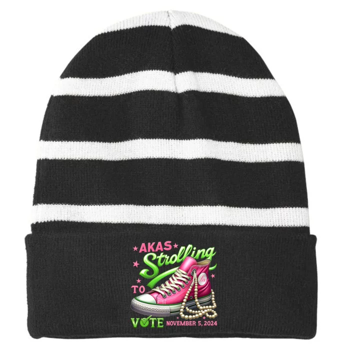 Akas Strolling To Vote November 5 2024 Kamala Harris Design Striped Beanie with Solid Band