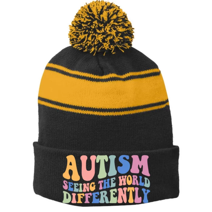 Autism Seeing The World Differently Groovy Stripe Pom Pom Beanie