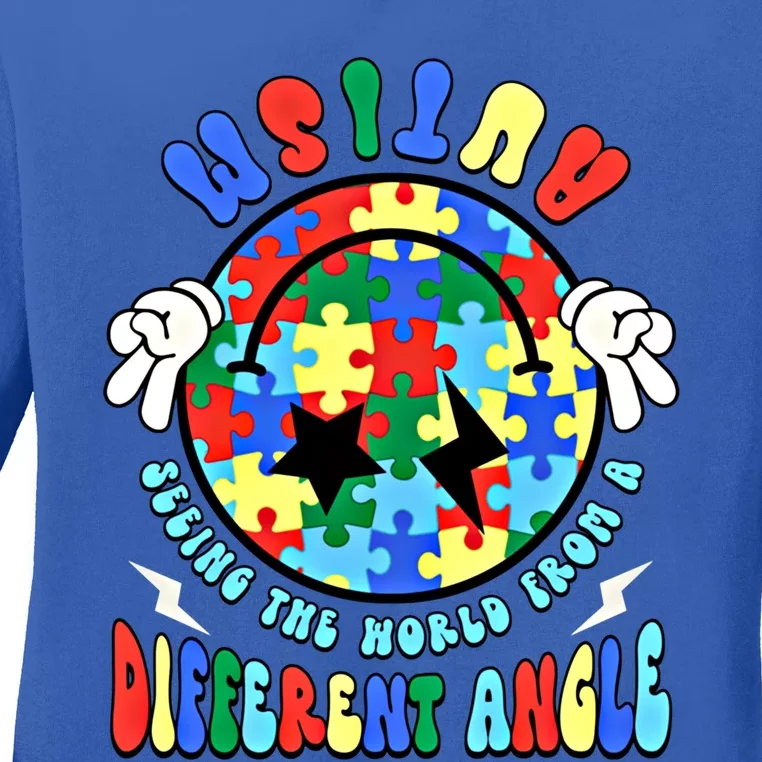 Autism Seeing The World Differently Groovy Smile Face Puzzle Great Gift Ladies Long Sleeve Shirt