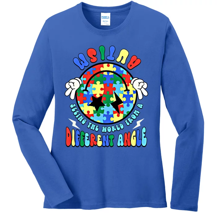 Autism Seeing The World Differently Groovy Smile Face Puzzle Great Gift Ladies Long Sleeve Shirt