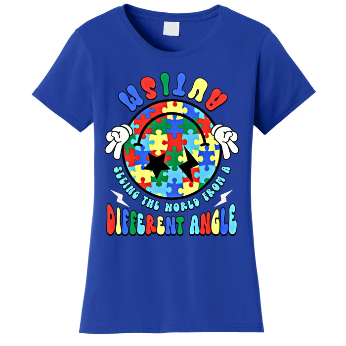 Autism Seeing The World Differently Groovy Smile Face Puzzle Great Gift Women's T-Shirt