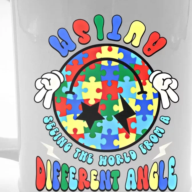 Autism Seeing The World Differently Groovy Smile Face Puzzle Great Gift Front & Back Beer Stein