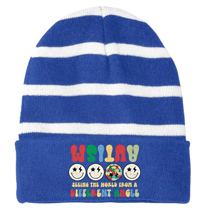 Autism Seeing The World Differently Retro Groovy Face Puzzle Gift Striped Beanie with Solid Band