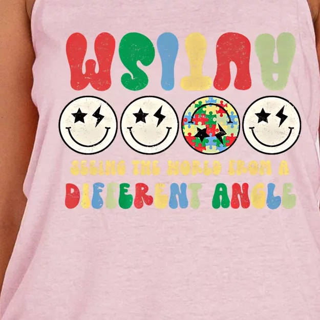 Autism Seeing The World Differently Retro Groovy Face Puzzle Gift Women's Knotted Racerback Tank