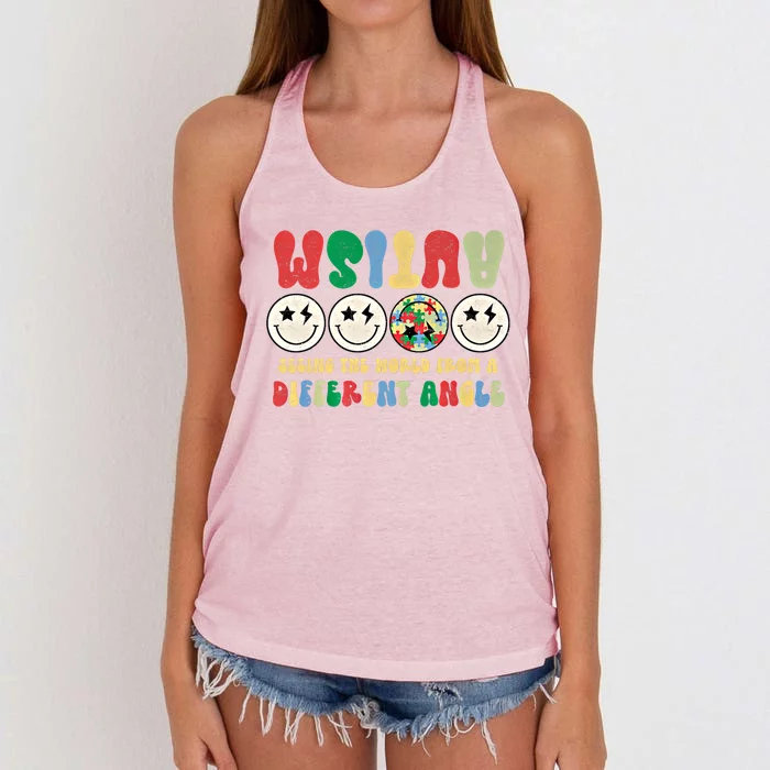 Autism Seeing The World Differently Retro Groovy Face Puzzle Gift Women's Knotted Racerback Tank