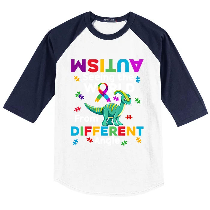 Autism Seeing The World From Different Angle Dinosaur Puzzle Gift Baseball Sleeve Shirt