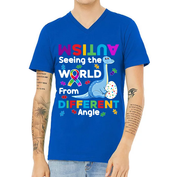 Autism Seeing The World From Different Angle Dinosaur Puzzle Gift V-Neck T-Shirt