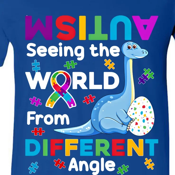 Autism Seeing The World From Different Angle Dinosaur Puzzle Gift V-Neck T-Shirt