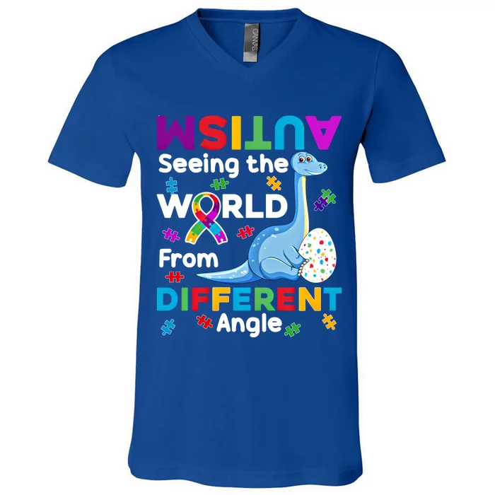 Autism Seeing The World From Different Angle Dinosaur Puzzle Gift V-Neck T-Shirt